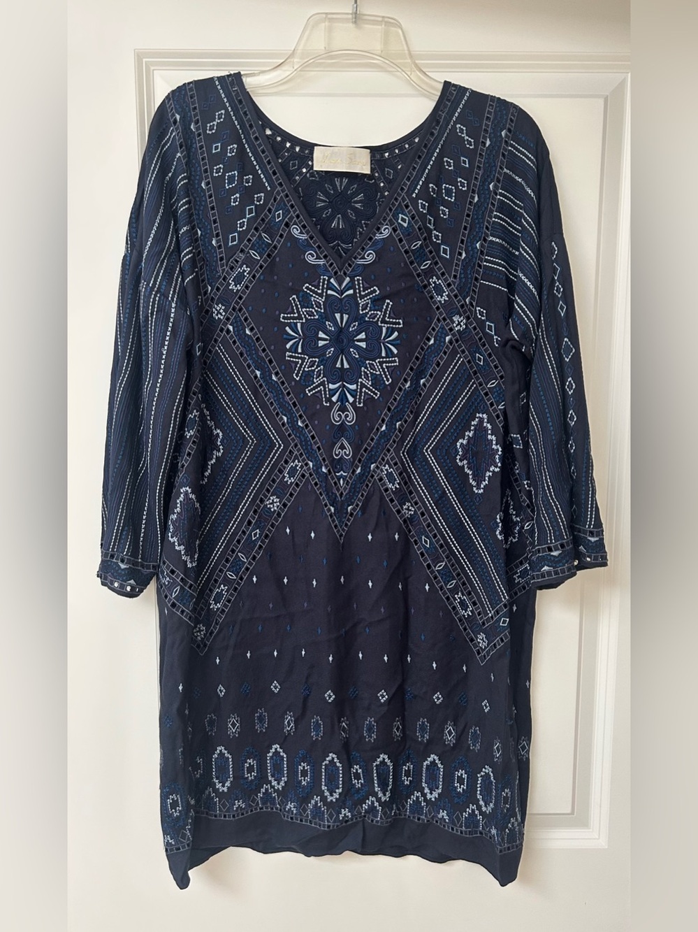 Love Sam Navy Blue Embroidered V-Neck Tunic Top Dress | Boho Chic